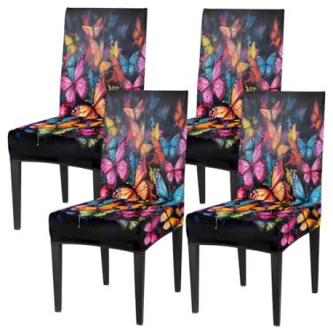 Imagem de Conjunto de 4 capas elásticas para cadeira de sala de jantar, capa protetora de assento de animal, retrô, borboleta, colorida, removível, lavável, para cozinha, casa, hotel, banquete, festa de