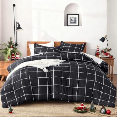 Imagem de Andency Conjunto de edredom preto quadriculado Queen (224 x 223 cm), 3 peças (1 edredom xadrez e 2 fronhas) Conjunto de edredom xadrez preto, conjunto de cama de edredom geométrico de microfibra leve