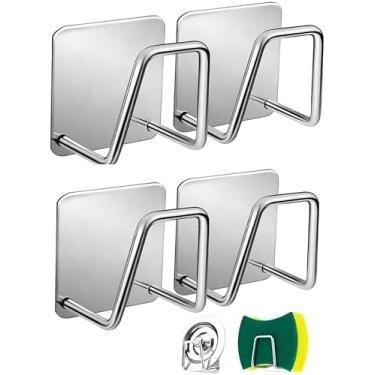 Imagem de kits com 4 e 2 Suportes Porta Esponja Bucha Pia Inox Organizador Cozinha Suporte para Sabonete adesivo Cor Prateado