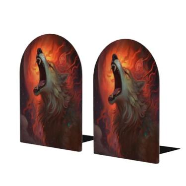 Imagem de Lobo animal lua fria grande suporte de livros de madeira decorativo antiderrapante resistente terminais de livro para mesa de escritório em casa biblioteca de estudo escolar divisórias de livros para