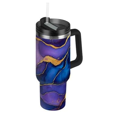 Imagem de SEHANY Copo de mármore roxo de 1,134 g com tampa e canudo, aço inoxidável de vácuo duplo isolado garrafa de água esportiva suporte para copo de café de viagem à prova de vazamento para bebida gelada