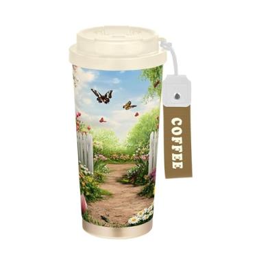 Imagem de SEHANY Caneca de viagem borboleta e flores de 482 ml Copos de café reutilizáveis revestidos de cerâmica com tampa à prova de vazamento, parede dupla, isolamento a vácuo, copo de café de aço inoxidável