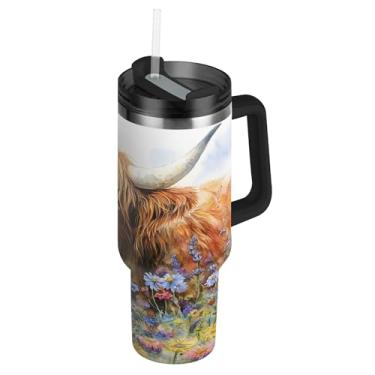 Imagem de SEHANY Copo Highland Cow de 850 g com tampa e canudo, aço inoxidável de vácuo duplo isolado garrafa de água esportiva suporte para copo de café de viagem à prova de vazamento para bebida gelada