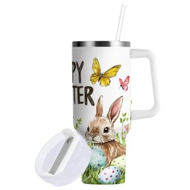 Imagem de Blueangle Copo de coelho da Páscoa de 850 g com alça e tampa de palha, copo isolado reutilizável de aço inoxidável garrafa de água caneca de viagem (339)