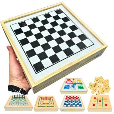 Imagem de Jogo 6 em 1 em Madeira – Xadrez, Dama, Ludo, Dominó, Jogo da Velha e Trilha – Educativo, Estratégia e Diversão para Crianças, Jovens e Adultos
