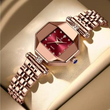 Imagem de Relógio Fino Dourado Rosé Mostrador Vermelho Joia para Pulso