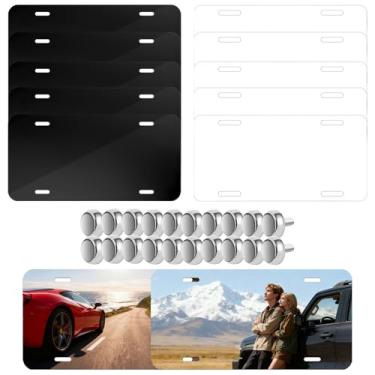 Imagem de Pacote com 10 placas de licença de sublimação, 5 pretas e 5 brancas, placas de licença personalizadas de alumínio de metal DIY com conjuntos de parafusos placa de licença em branco de sublimação de