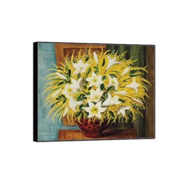 Imagem de Pintura de arte de parede de flores - imagem de decoração vintage - lírios e mimosas - impressões em tela com moldura preta para sala de estar 60 x 75 cm 24 x 29 pol