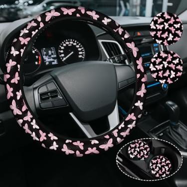 Imagem de Linda capa de volante de borboleta rosa para mulheres e homens, acessórios antiderrapantes de neoprene de alta elasticidade capas de volante, universal de 38 cm para carros, SUVS, inclui 2 porta-copos