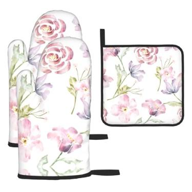 Imagem de Flores em aquarela – Conjunto de cozinha essencial com 3 peças, luvas resistentes ao calor e aderência da tampa, proteção para churrasco no forno, design de armazenamento suspenso.