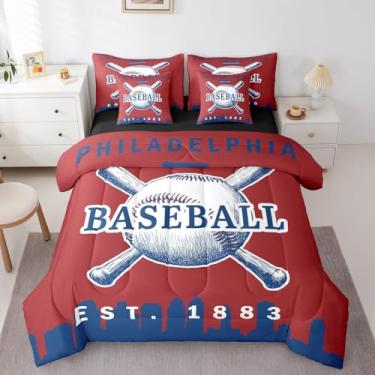 Imagem de Erosebridal Jogo de cama solteiro com edredom de beisebol, softball, 7 peças, para meninos, adolescentes, esportes, jogos, cama em uma bolsa, beisebol, cidade, (Philadelphia), azul marinho, vermelho