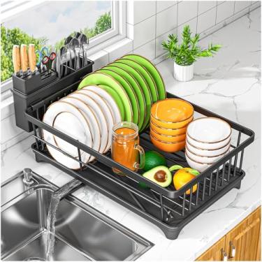 Imagem de Kmiectse Escorredor de pratos para balcão de cozinha – Escorredor de pratos à prova de ferrugem com suporte de utensílio – Organizador compacto para cozinha, preto