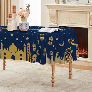 Imagem de Horaldaily Toalha de mesa Ramadã 152 x 213 cm oval, azul e dourada lua estrela Ramadan Kareem, toalha de mesa sazonal Ramadan Mubarak lavável para decoração de festa piquenique e jantar