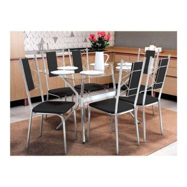 Imagem de Kit Mesa Loire C- Tampo de Vidro 150cm + 6 Cadeiras Lisboa Cromado Preto