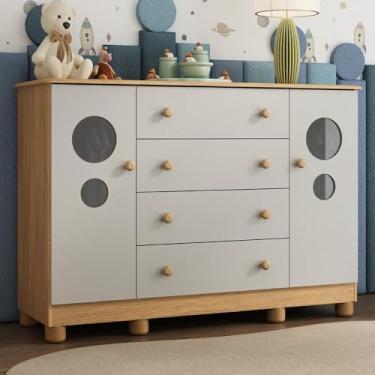 Imagem de Cômoda Infantil 125cm 2 Portas com Vidro e 4 Gavetas Bombom Multimóveis Mp4465 Madeirado/off White