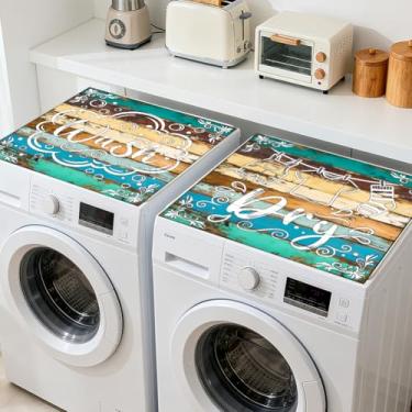 Imagem de GLOBLELAND 2 peças de capa protetora superior de máquina de lavar e secar roupa de fundo de grão de madeira 60 × 23,15 cm almofadas protetoras de topo de máquina de lavar com texto antiderrapante para