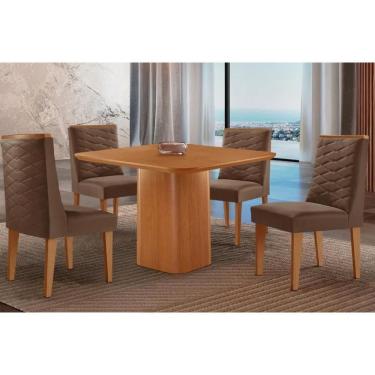 Imagem de Sala Jantar Mesa Maldivas Tampo Curvo 90cm+4 Cadeiras Dafne Madeira Naturale - Capuccino/Suede Marrom - Rufato