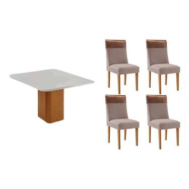 Imagem de Sala Jantar Mesa Maldivas Tampo c/ Vidro Curvo 90cm+4 Cadeiras Jaspe Madeira Naturale/Off White - Capuccino/Linho Capuccino - Rufato