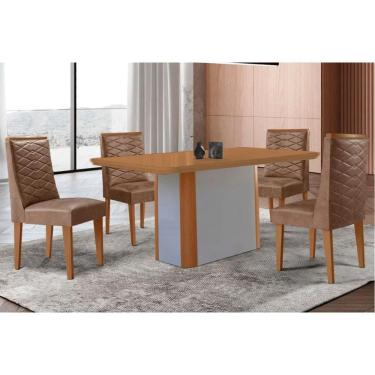 Imagem de Sala Jantar Mesa Pietá Tampo Curvo 120cm+4 Cadeiras Dafne Madeira Naturale/Off White - Capuccino/Corano Capuccino - Rufato