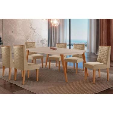 Imagem de Sala Jantar Mesa Havana Tampo c/ Vidro Curvo 180cm+6 Cadeiras Dafne Madeira Naturale/Off White - Capuccino/Suede Creme - Rufato