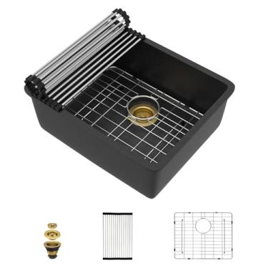 Imagem de Talllor Pia de barra de montagem inferior de 53 x 43 cm - tigela única de quartzo clássico composto de granito preto fosco sob a pia do balcão para trailer, bar molhado, cozinha pequena, casa móvel