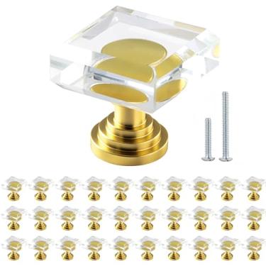Imagem de POZEAN Puxadores de gaveta de armário de vidro cristal, pacote com 30 maçanetas de cômoda dourada de cristal de vidro, alças quadradas de 3,5 cm com parafusos para armário de cozinha moderno, quarto e