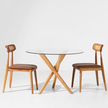Imagem de Conjunto Mesa de Jantar Thai Redonda Vidro Incolor - 1,10m + 2 Cadeiras Dalí Palha Larga - Cognac