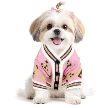 Imagem de Suéter para cachorro, urso fofo, cardigãs, roupas para cães pequenos, médios, meninos, meninas, gatos, roupas de malha macias para cachorros, suéter de tricô para cães, casaco de Natal (rosa, PP)
