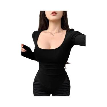Imagem de Camiseta Feminina De Manga Longa Cropped Com Decote Quadrado Ajustada 