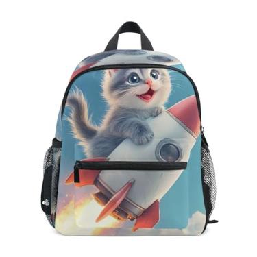 Imagem de GAIGEO Cute Kitten Cat Rocket Mini Toddler Backpack with Whistle, 2 Bottle Pockets, Lightweight, Toddler Travel Backpack 10x4x12 In, for Ages 3-8
