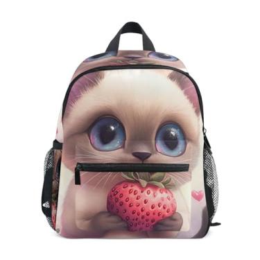 Imagem de GAIGEO Cute Siamese Cat Strawberry Child Backpack with Whistle, 2 Bottle Pockets, Lightweight, Toddler Travel Backpack 10x4x12 In, for Ages 3-8