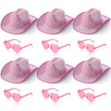 Imagem de Haysandy 12 peças de chapéu de vaqueira espacial holográfico com óculos de sol sem aro, chapéu de cowboy brilhante neon e óculos de sol de coração para mulheres (ouro rosa, purpurina)