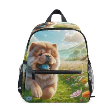 Imagem de GAIGEO Spring Floral Chow Chow Dog Small Toddler Backpack, 10x4x12 In, Little Boys Backpack Includes Water Bottle Pockets, Whistle Clip for Safety