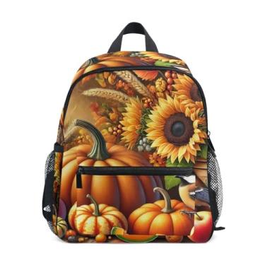 Imagem de GAIGEO Thanksgiving Pumpkin Autumn Toddler Backpack 10x4x12 In, Girl Toddler Backpack with Water Bottle Pockets, Whistle Buckle