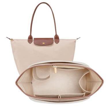Imagem de DOIAPUOS Bolsa organizadora de feltro para bolsa Longchamp Le Pliage, bolsa de mão com borda de couro Longchamp com suporte para copo (bege, grande)