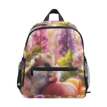 Imagem de GAIGEO Spring Flowers Hamster Children's Backpack 10x4x12 In, Little Girls Backpack with Water Bottle Pockets, Whistle Buckle