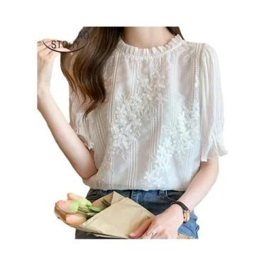 Imagem de Blusa Feminina De Verão Com Manga Curta, Bordado Em Renda E Chiffon, C