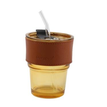 Imagem de Copo de Vidro 400ml Âmbar para Drink Frapê Café Ice Coffee Tampa Vedaç