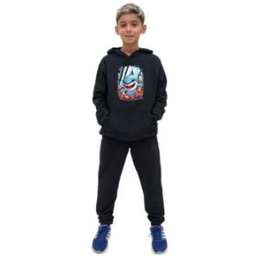 Imagem de Conjunto Infantil Menino Blusa Manga Longa Estampa de Tubarao e Calça Lisa Moletom Confortavel-Masculino