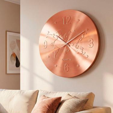 Imagem de Relógio Parede Decorativo Redondo Mapa Mundi Rose Gold 30cm