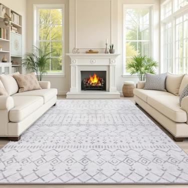 Imagem de Carvapet Tapete grande para sala de estar, 8 x 10, cinza, macio, lavável à máquina, boho, marroquino, casa de fazenda, tapete para quarto, mesa de jantar, antiderrapante, moderno, elegante, decoração