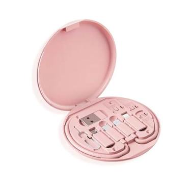 Imagem de 1 estojo organizador de cabos redondo rosa - armazenamento de cabos portátil compacto com cabo de carregamento integrado e compartimentos para cartão SIM/TF, caixa de gerenciamento de cabos de viagem