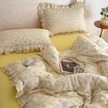 Imagem de VM VOUGEMARKET Conjunto de capa de edredom de solteiro, capa de edredom floral amarela vintage com babados românticos para meninas adolescentes, conjunto de cama de algodão musselina de camada dupla