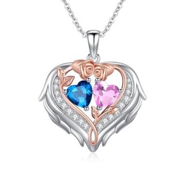 Imagem de WYDDO Colar de coração com asas de anjo para mulheres, pedra do mês de nascimento duplo, pingente de flor de rosa, presente ideal para aniversário, Natal, presente para esposa, mãe, namorada, filha