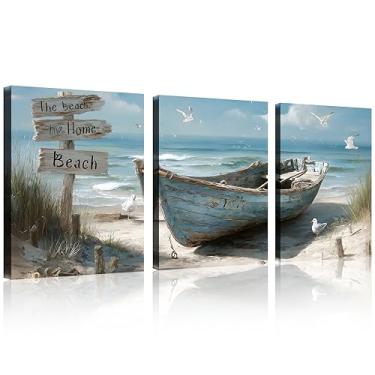 Imagem de TutuBeer 3 peças de arte de parede em tela de banheiro costeiro barco náutico na praia imagem em tela oceano gaivota impressões de paisagem marítima para parede pássaro do mar fazenda arte para quarto