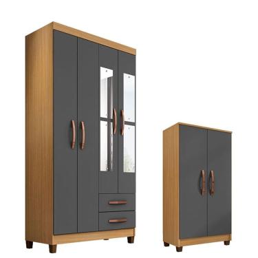 Imagem de Guarda Roupa Solteiro Modena 4 Portas Com Espelho E Armário Multiuso Recife Carvalho Americano Grafite - Incorplac
