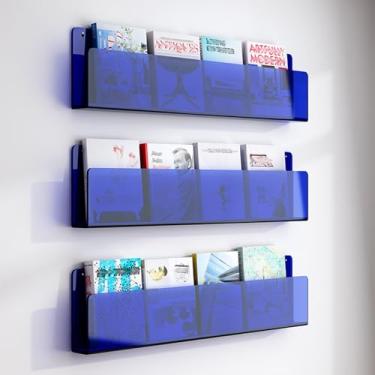 Imagem de Porta-revistas de acrílico montado na parede de 3 peças - Exibição de literatura azul para banheiro, escritório, escola e áreas de recepção - Suporte de brochura e organizador de correio (L100 cm)