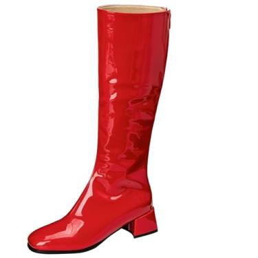 Imagem de ZOGEER Gogo Botas femininas cano alto salto baixo grosso bico quadrado alto outono inverno sapatos longos com zíper, Vermelho, 39