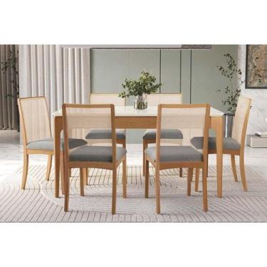 Imagem de Conjunto Mesa Mira Premium Madeira Maciça c/ Tampo Madeirado c/ Vidro 