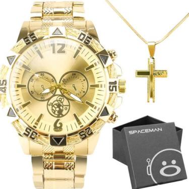 Imagem de Cordão Crucifixo + Relogio Masculino Aço Prova Dagua - Orizom